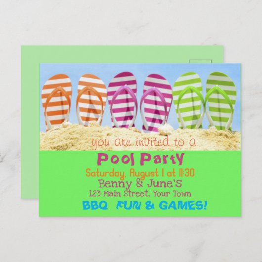 Flip Flop Pool Party Uitnodiging Briefkaart (Voorkant / Achterkant)
