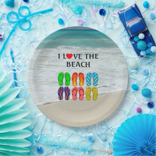 Flip-Flops Beach Love, kleurrijk ontwerp Papieren Bordje (Feest)