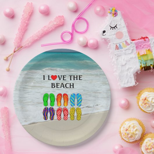Flip-Flops Beach Love, kleurrijk ontwerp Papieren Bordje (Feest)