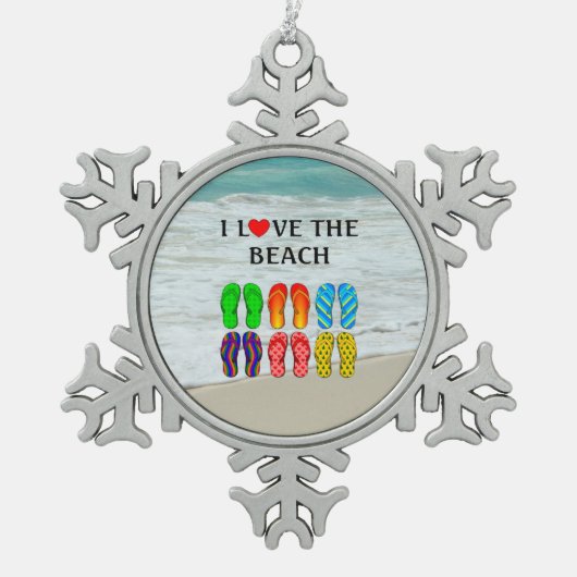 Flip-Flops Beach Love, kleurrijk ontwerp, Tin Sneeuwvlok Ornament (Voorkant)