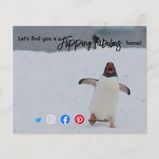 flipping fabulous makelaar pinguïn postca flyer (Voorkant)
