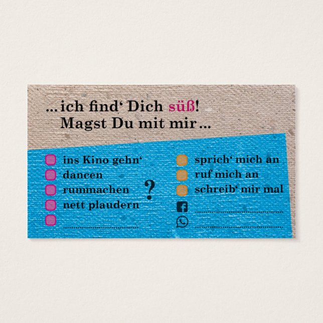 Flirt-Karte "Du bist süß!"; mit Kontaktfeldern Visitekaartje (Achterkant)