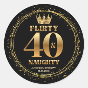 flirterig 40 en ondeugend, goud zwart glitters ronde sticker