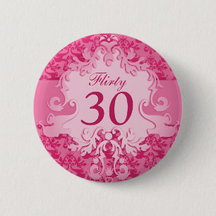 "Flirty 30" demask olifant roze knop/badge Ronde Button 5,7 Cm