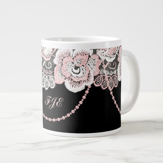 Flirty and Delicate Pink Rose Faux Lace and Pearls Grote Koffiekop (Voorkant rechts)