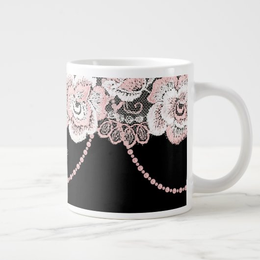 Flirty and Delicate Pink Rose Faux Lace and Pearls Grote Koffiekop (Rechts)