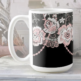 Flirty and Delicate Pink Rose Faux Lace and Pearls Koffiemok