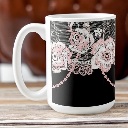 Flirty and Delicate Pink Rose Faux Lace and Pearls Koffiemok