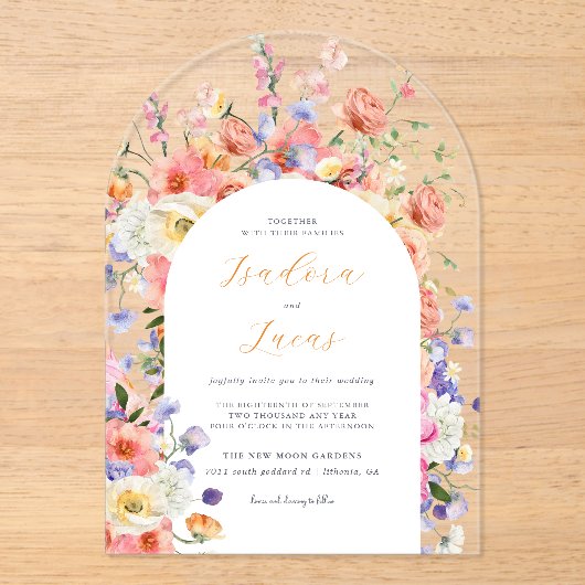 Flirty Floral Meadow | Zomer bruiloft Acryl Uitnodigingen (Voorkant)