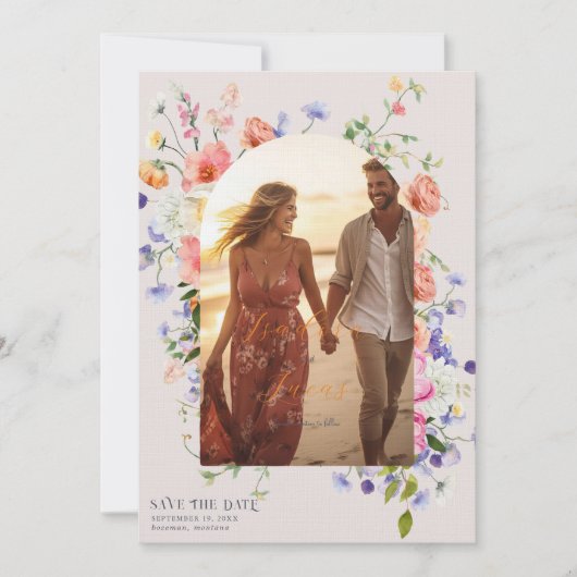 Flirty Floral Meadow | Zomer bruiloft foto Save The Date (Voorkant)