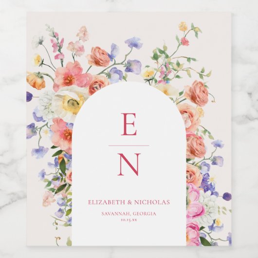 Flirty Floral Meadow | Zomer bruiloft Wijn Etiket (Enkel label)