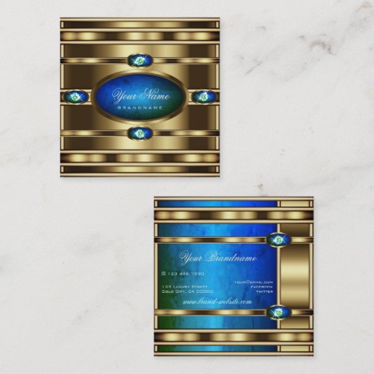 Flitsend goud met blauw Blauwgroen Gradient Marble Vierkante Visitekaartje (Voorkant / Achterkant)