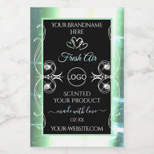 Flitsend licht turquoise zwarte productlabels juwe voedselcontainer etiket