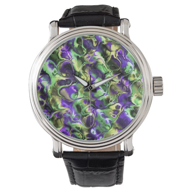 Flitsend Luid Kleurrijke Boho Hippie Fractal Marbl Horloge (Voorkant)