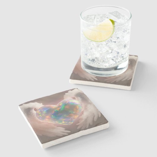 *~* Flitsende Opal Hart Engelenvleugels AP78 Stenen Onderzetter (Zijkant)