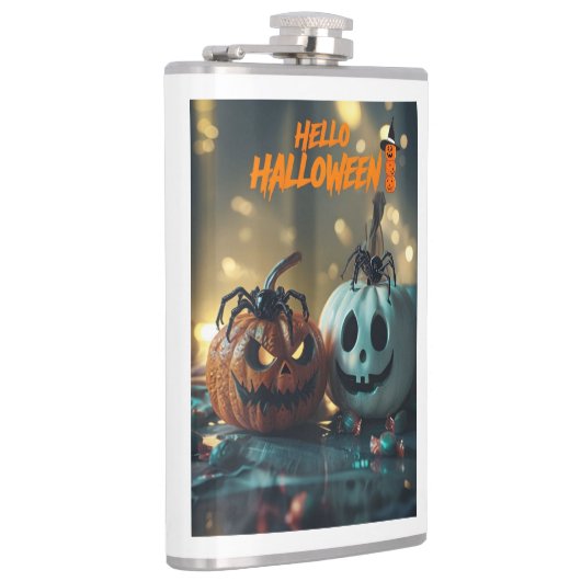 Flitstoestellen met vinylcitrouille hello hallowee heupfles (Rechts)