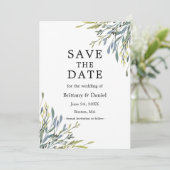 Flityaire Waterverf botanische groenery Dusty Blue Save The Date (Staand voorkant)