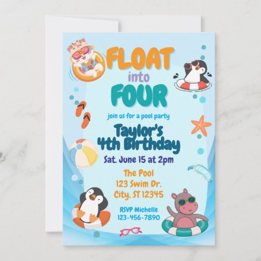 Float into Four, Pool Animals 4th Birthday Kaart (Voorkant)