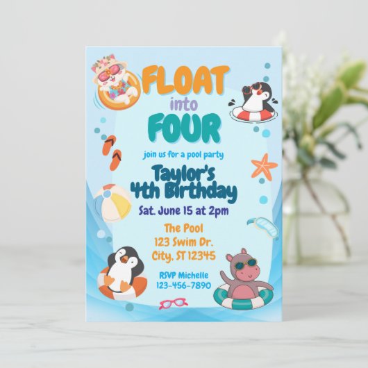 Float into Four, Pool Animals 4th Birthday Kaart (Staand voorkant)