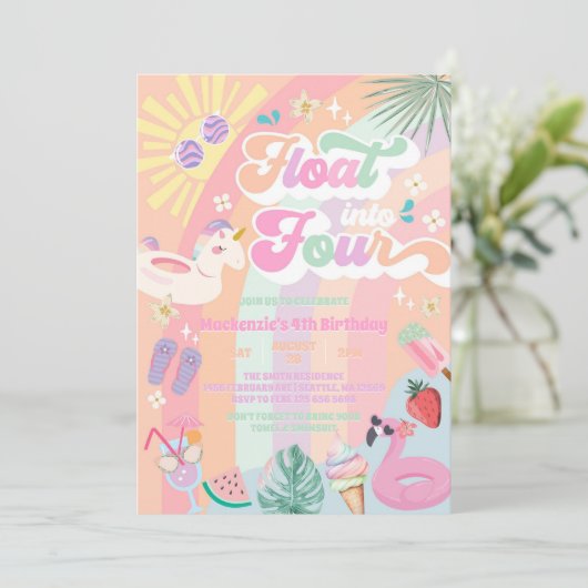 Float Into Four Summer Rainbow Sun 4th Birthday  Kaart (Staand voorkant)