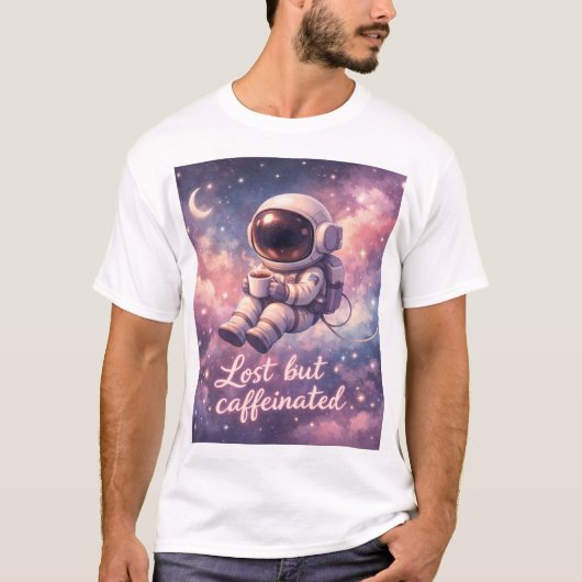 Floating Astronaut Coffee Lover Funny Space T-shirt (Voorkant)