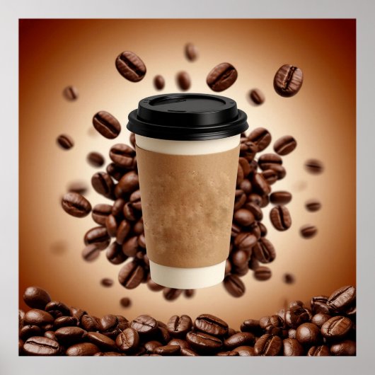 Floating Coffee Cup With Coffee Beans Poster (Voorkant)