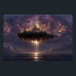 Floating Fantasy Castle Cloud Beams Glow Perfect Poster<br><div class="desc">An immense floating island crowned by a grand, spired castle city gleams amid turbulent purple-orange clouds, with powerful golden light beams pouring downward to touch a serene ocean surface. Stars scatter across the night sky while a low sunset horizon warms the edges in peach and rose, creating layers of depth,...</div>