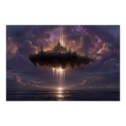 Floating Fantasy Castle Cloud Beams Glow Perfect Poster (Voorkant)