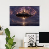 Floating Fantasy Castle Cloud Beams Glow Poster (Thuiskantoor)