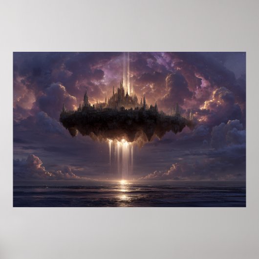 Floating Fantasy Castle Cloud Beams Glow Poster (Voorkant)
