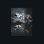 Floating Gothic Ruins Cosmic Mirror Night Canvas Afdruk<br><div class="desc">Shattered gothic cathedrals and broken spires float as isolated islands in a vast, starry night sky. Each ruin glows with ethereal blue-violet light from cracked windows and arched interiors, while small warm lanterns and fires flicker in the darkness. A slender crescent moon hangs low, illuminating swirling clouds and casting perfect...</div>