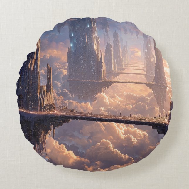 Floating Metropolis in the Clouds Rond Kussen (Voorkant)