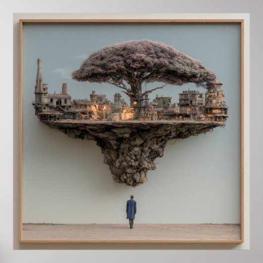 Floating Ruined City Blossom Tree Surreal Poster (Voorkant)