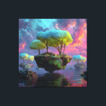 Floating Turquoise Tree Islands Neon Sky Canvas Afdruk<br><div class="desc">Three colossal, glowing trees with electric turquoise, lime, and chartreuse canopies dominate floating islands of mossy rock and ancient ruins. Tiny crystals and patchwork greenery sparkle beneath the branches while the islands hover above a mirror-like ocean reflecting a dramatic sky of swirling magenta, violet, pink, and cyan clouds pierced by...</div>