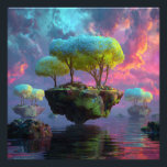 Floating Turquoise Tree Islands Neon Sky Foto Afdruk<br><div class="desc">Three colossal, glowing trees with electric turquoise, lime, and chartreuse canopies dominate floating islands of mossy rock and ancient ruins. Tiny crystals and patchwork greenery sparkle beneath the branches while the islands hover above a mirror-like ocean reflecting a dramatic sky of swirling magenta, violet, pink, and cyan clouds pierced by...</div>