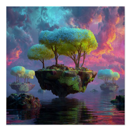 Floating Turquoise Tree Islands Neon Sky Perfect Poster (Voorkant)
