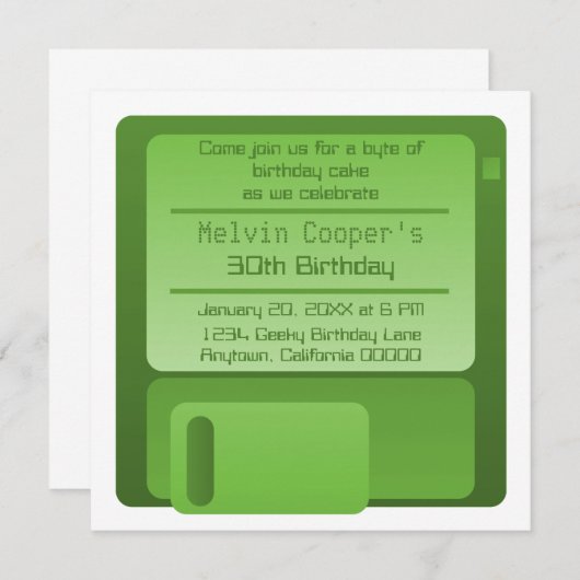 Floppy Disk Geek Birthday Party Invite, Green Kaart (Voorkant / Achterkant)