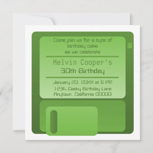 Floppy Disk Geek Birthday Party Invite, Green Kaart (Voorkant)