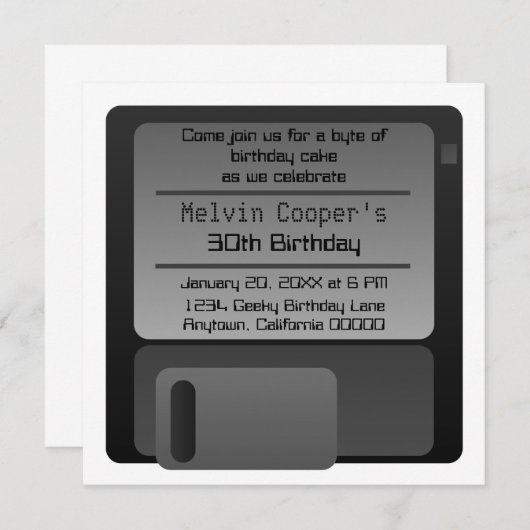 Floppy Disk Geek Birthday Party Invite, Grey Kaart (Voorkant / Achterkant)