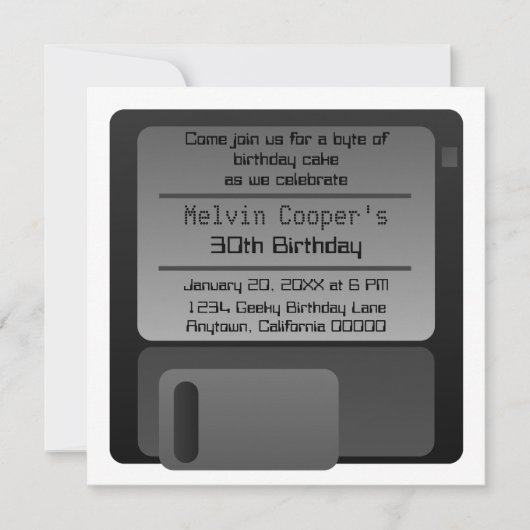 Floppy Disk Geek Birthday Party Invite, Grey Kaart (Voorkant)