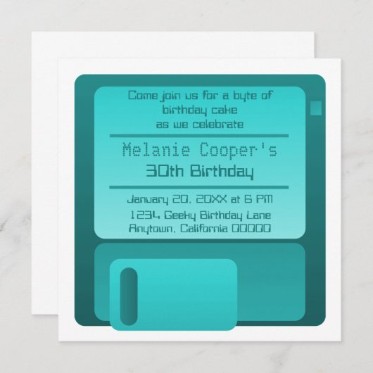Floppy Disk Geek Birthday Party nodigt Blauwgroen Kaart (Voorkant / Achterkant)