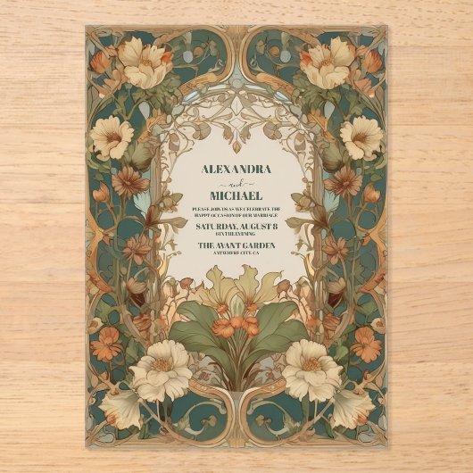 Flora  Art Nouveau bruiloft Acryl Uitnodigingen (Voorkant)