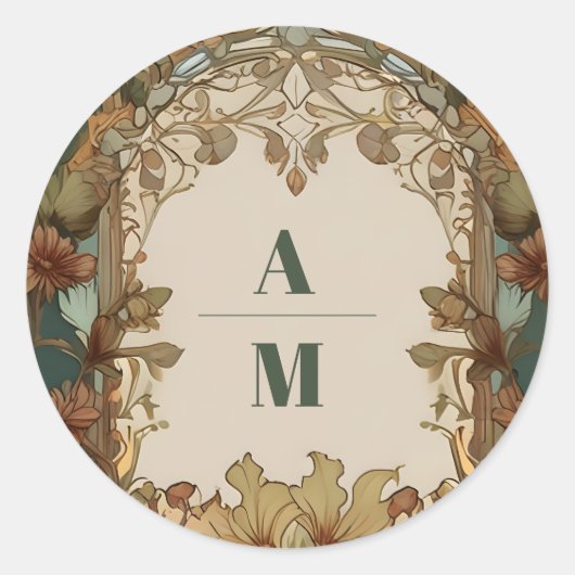 Flora Art Nouveau bruiloft Ronde Sticker (Voorkant)
