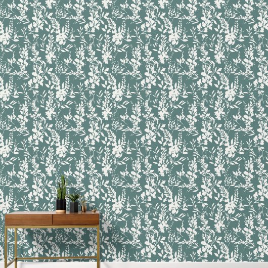 Flora behang in turquoise en wit  (Hal)