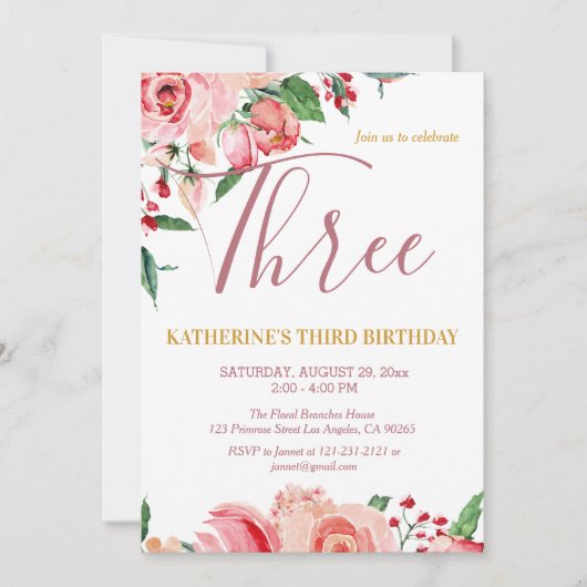 Flora Blush Roze Goud Waterverf Verjaardag Kaart (Voorkant)