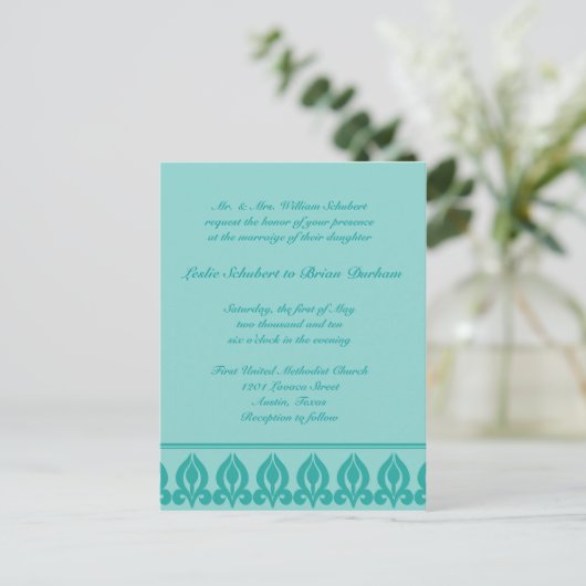 Flora bruiloft uitnodiging-Blauwgroen/Blauwgroen Uitnodiging Briefkaart (Staand voorkant)