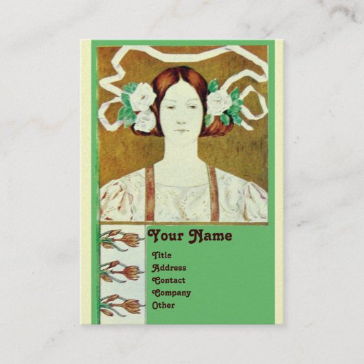 FLORA/ DAME MET WITTE ROZEN MONOGRAM Parel Visitekaartje (Voorkant)