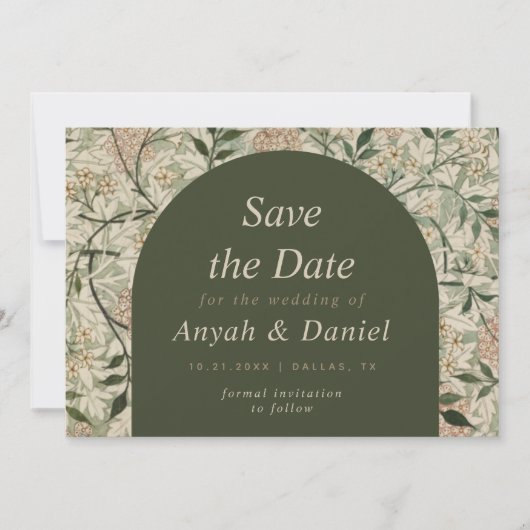flora en moss Green Boho Arch Save The Date (Voorkant)