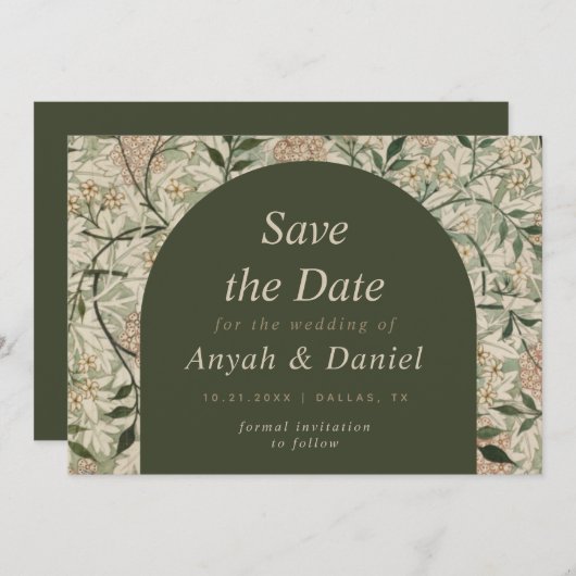  flora en moss Green Boho Arch Save The Date (Voorkant / Achterkant)