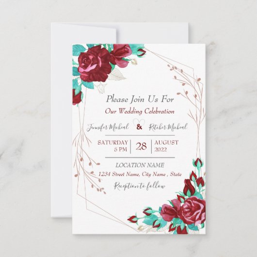 Flora Flowers & bladeren Burgundy Wedding Invite Kaart (Voorkant)